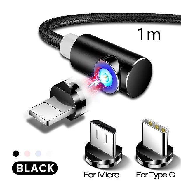 Black magnetic charging cable with aluminium connectors for Micro USB, Type C, and Apple devices.