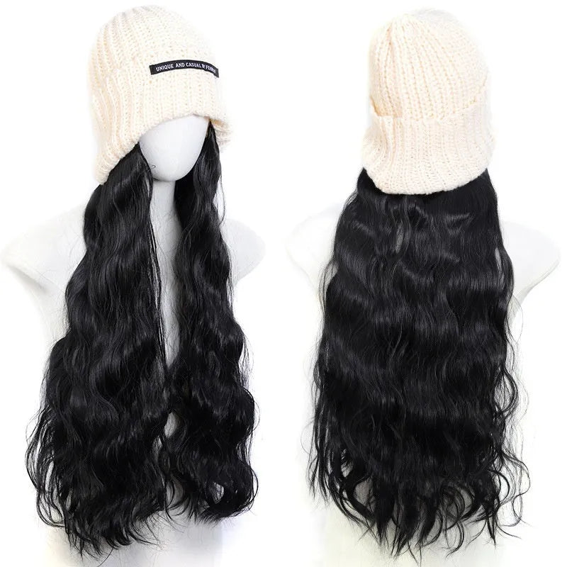 Hat wig with knitted hat and long curly high temperature fibre synthetic hair for ladies
