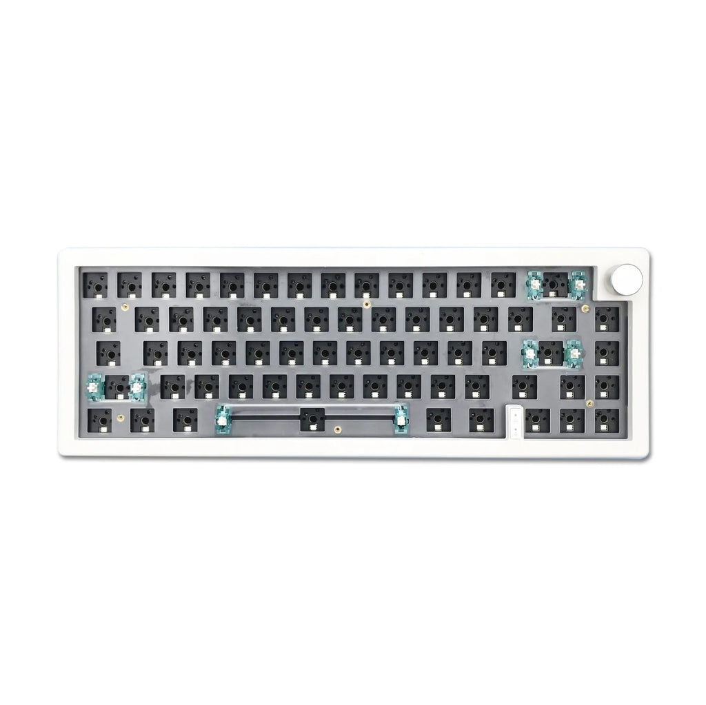 DIY mechanical keyboard kit parts with RGB backlighting, knob, and choice of black, white, blue, pink, purple, red, or green ABS case.