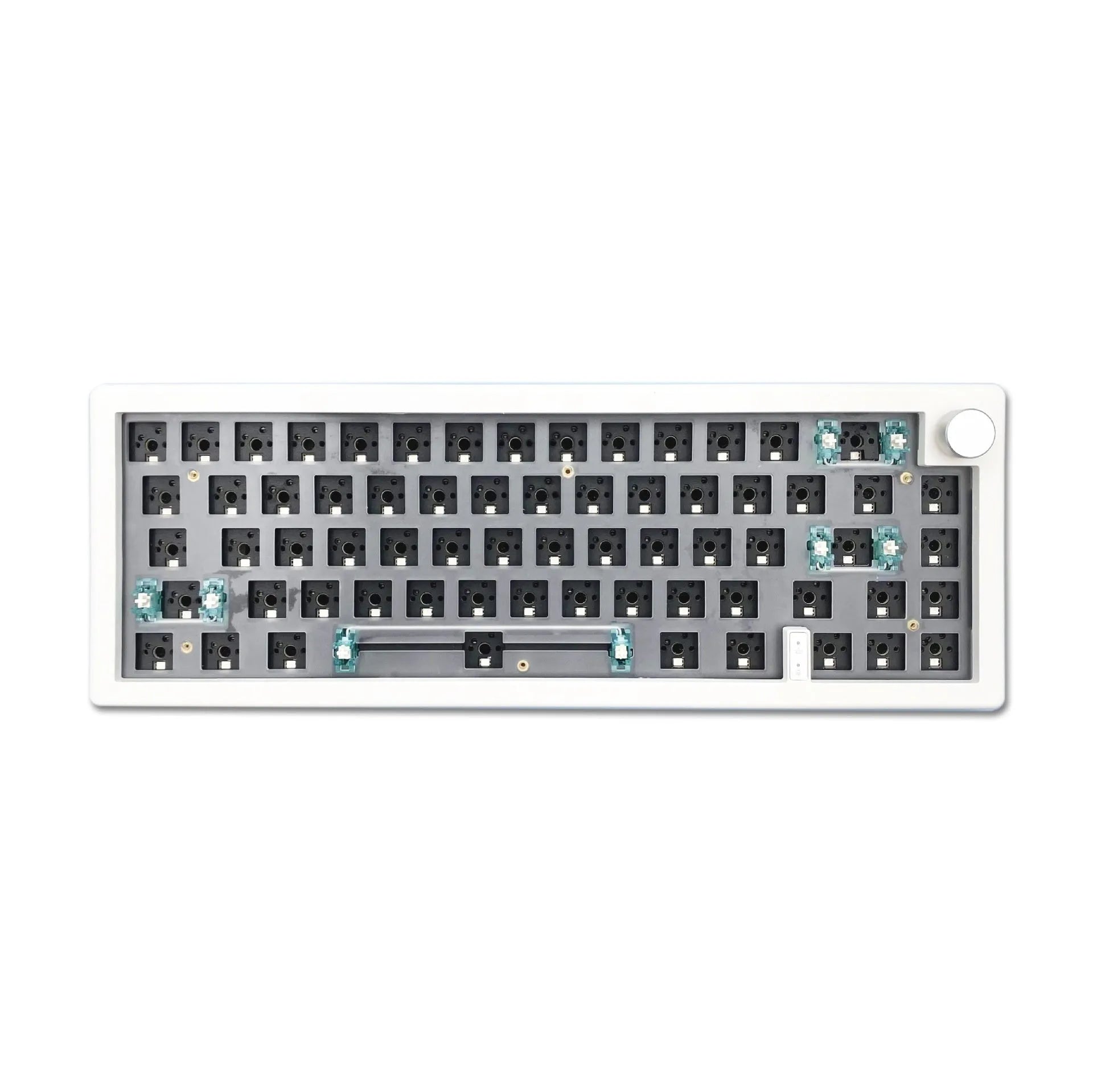DIY mechanical keyboard kit parts with RGB backlighting, knob, and choice of black, white, blue, pink, purple, red, or green ABS case.