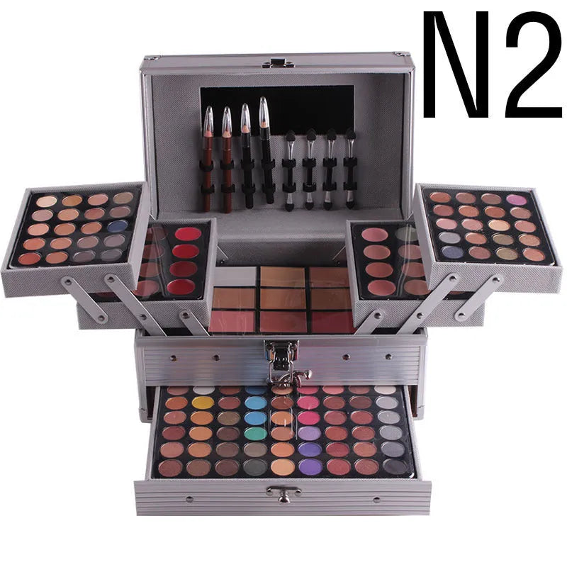 Professional 94 colour eyeshadow palette makeup kit with matt and pearl shades, concealers, lipsticks, and applicators in a two-layer case