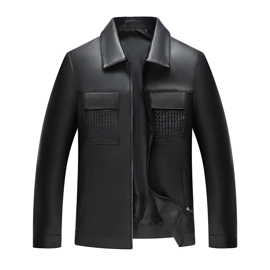 Black PU leather jacket with turn-down collar, patch pockets, and straight hem for spring and autumn business wear