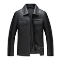 Black PU leather jacket with turn-down collar, patch pockets, and straight hem for spring and autumn business wear