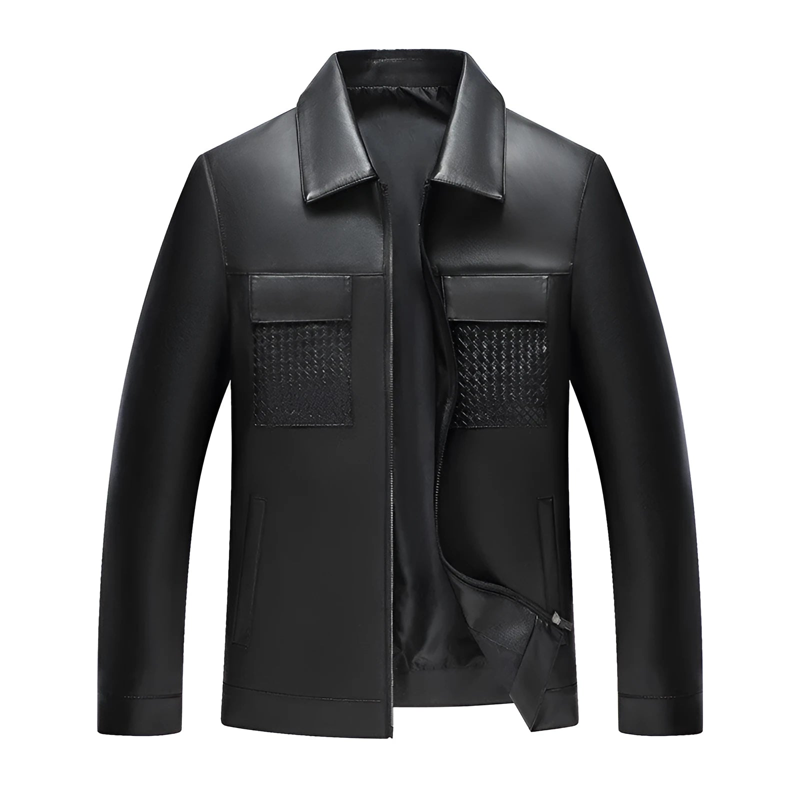 Black PU leather jacket with turn-down collar, patch pockets, and straight hem for spring and autumn business wear
