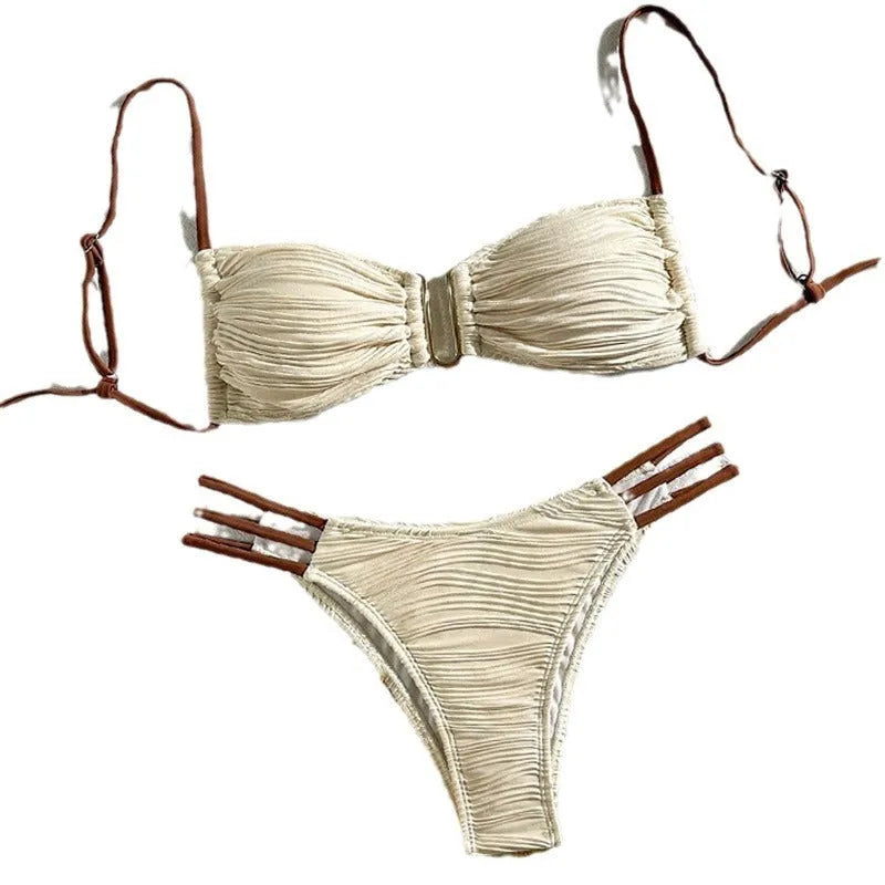 Women's polyester three-point bikini set in striped pattern, khaki and white colours, front view