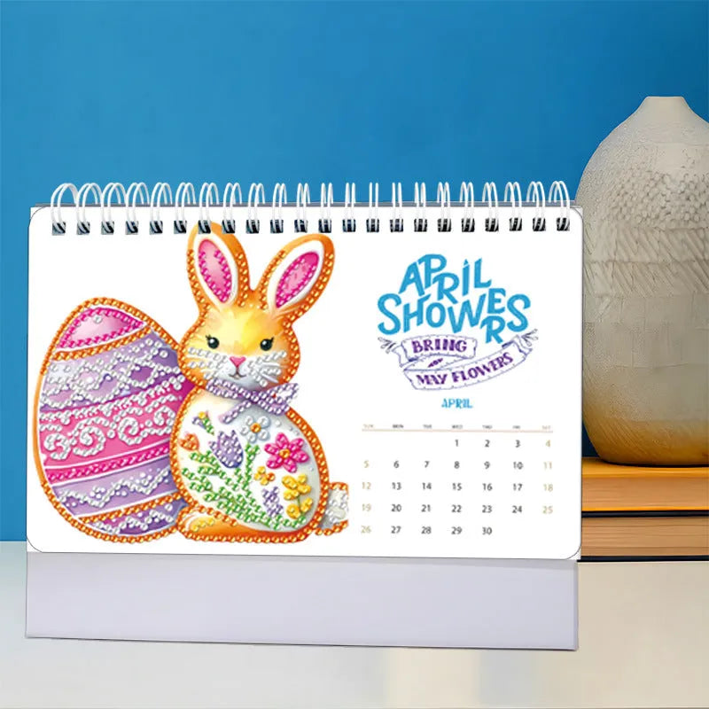 Handmade diamond painting desk calendar with stick-on crystals on white card, frameless modern simplicity design