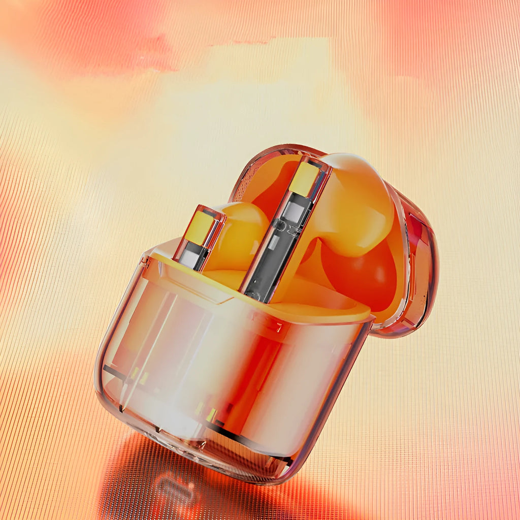 YX06 transparent TWS wireless headphones in black, white, orange, or green with a charging case.