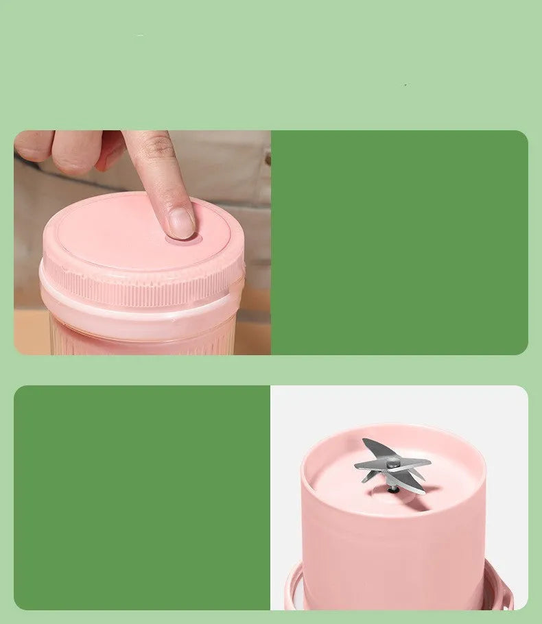Portable mini juicer 380ml USB rechargeable with 1400mAh battery, food grade PC cup, stainless steel 304 parts, 85x85x240mm