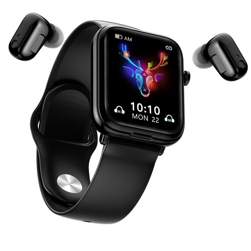 Black zinc alloy smartwatch with 1.69-inch touchscreen and integrated Bluetooth headset charging case.