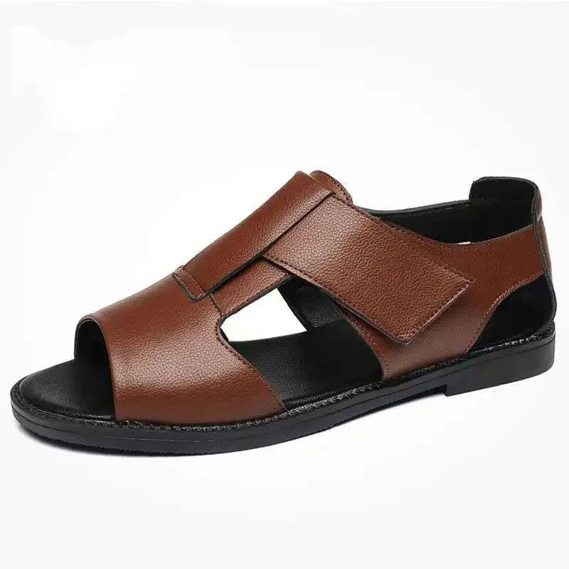 Men's black and brown leather Roman-style casual sandals with an open toe and rubber sole.