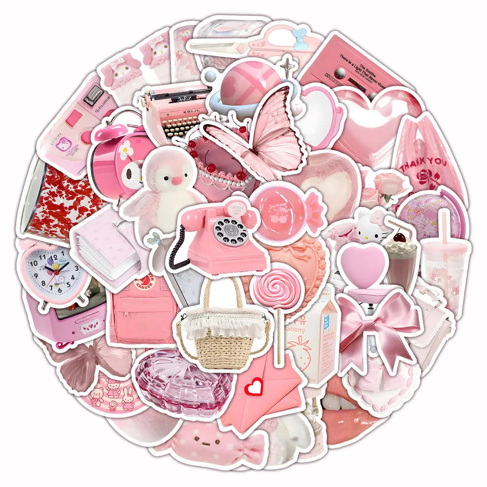 Close-up of realistic 3D decorative stickers showing pink girl and heart designs from a 63-piece set.