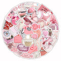 Close-up of realistic 3D decorative stickers showing pink girl and heart designs from a 63-piece set.