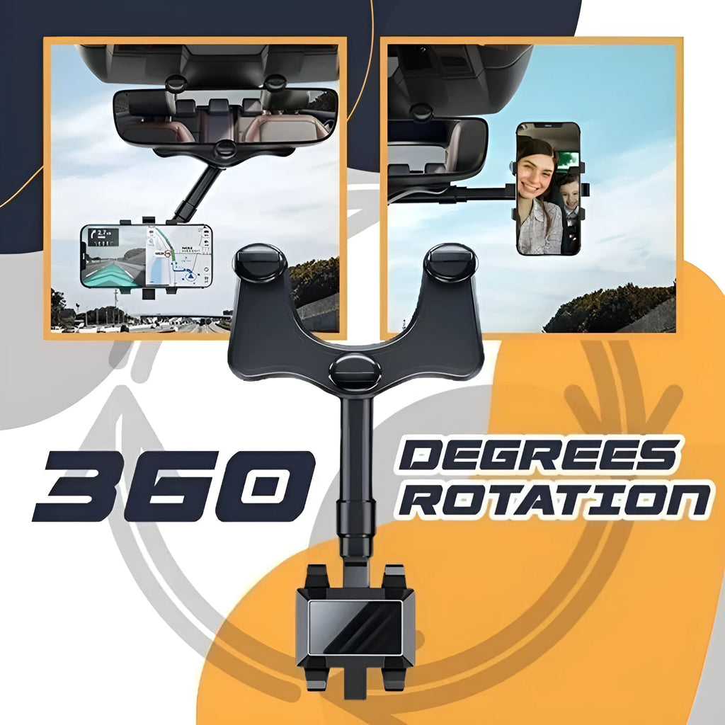 Black rearview mirror car phone holder with telescopic arm and 360° rotating joint on a car mirror.