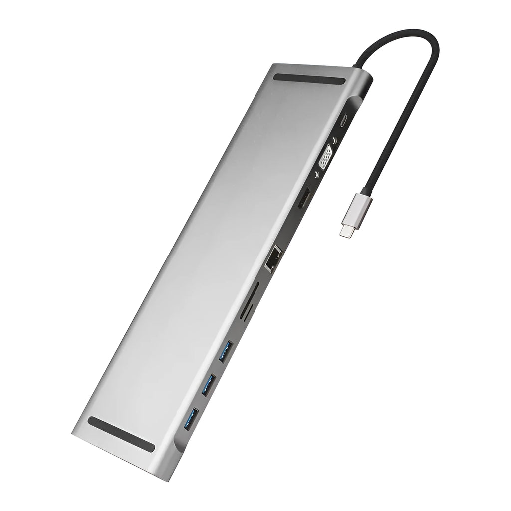 Grey aluminium ten-port USB C docking hub with cooling bracket, showing HDMI, VGA, Ethernet, and USB ports.
