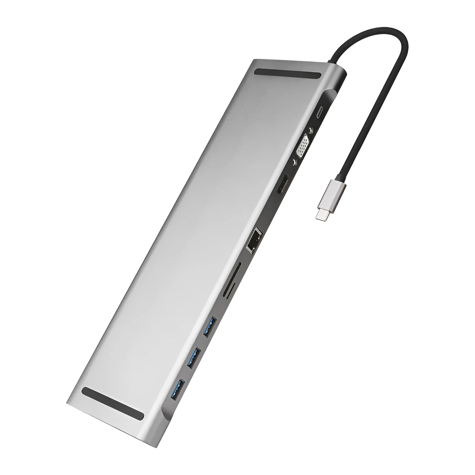 Grey aluminium ten-port USB C docking hub with cooling bracket, showing HDMI, VGA, Ethernet, and USB ports.
