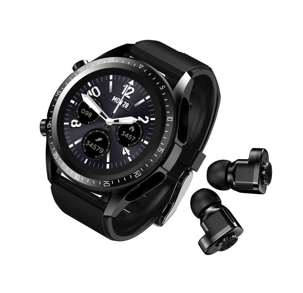 Round black smart watch with stainless steel case, Bluetooth call and heart rate monitoring features on a plain background.