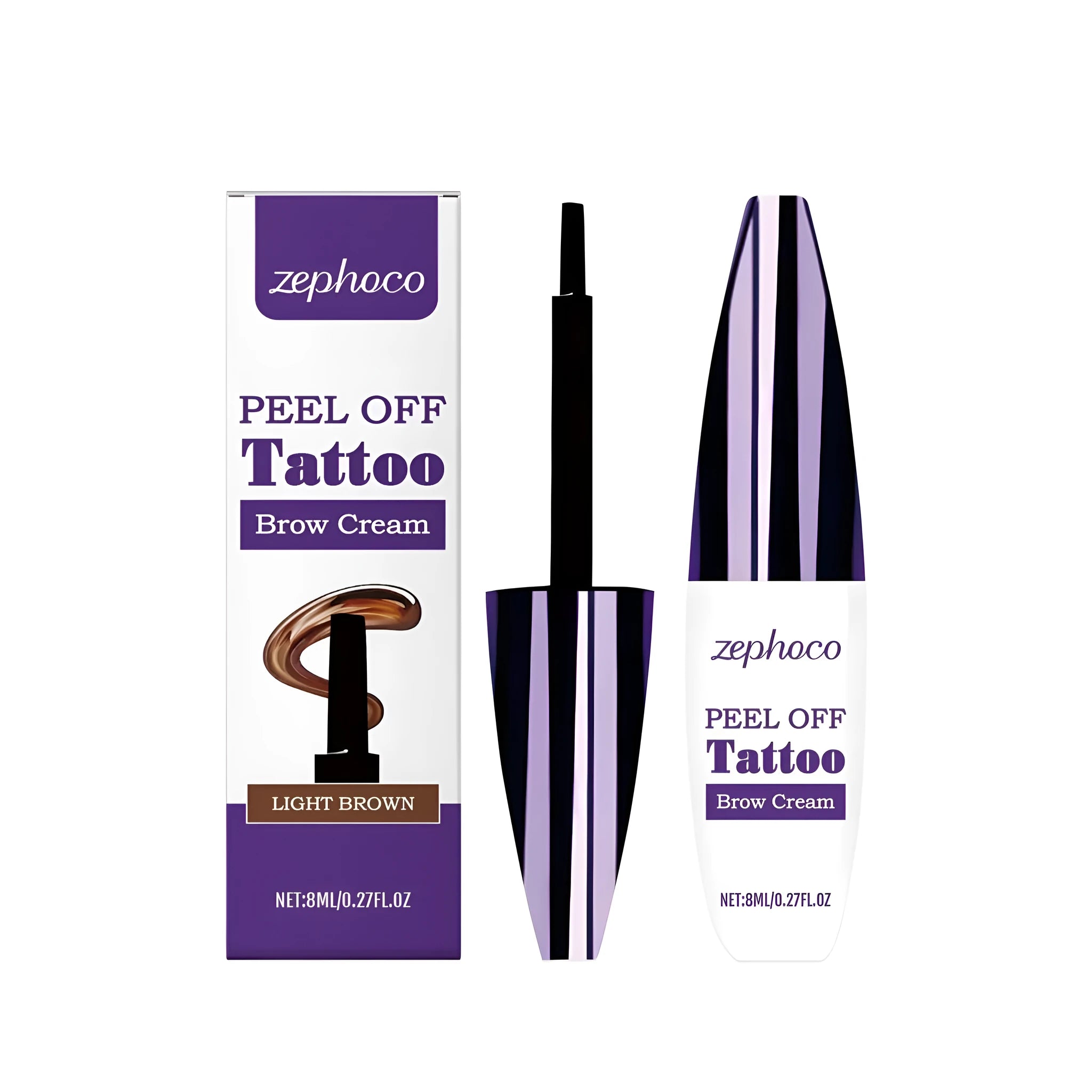 Liquid eyebrow pencil with tearable tip shown in black, brown, and light brown shades.