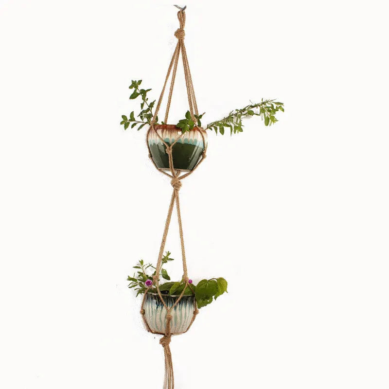 Woven wire plant pot holder in cotton rope or twine, showing desktop, wall-mounted, and hanging styles.
