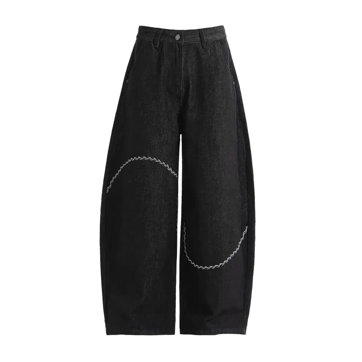 Black straight-leg jeans trousers with mid waist and zip placket closure on teenage model