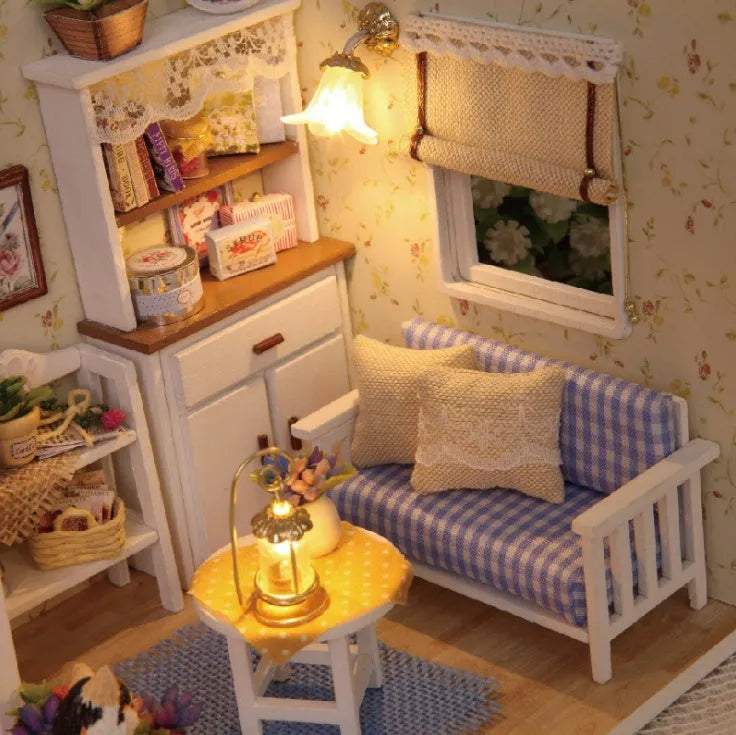 Wooden DIY miniature doll house kit with furniture pieces, available in style A and B.
