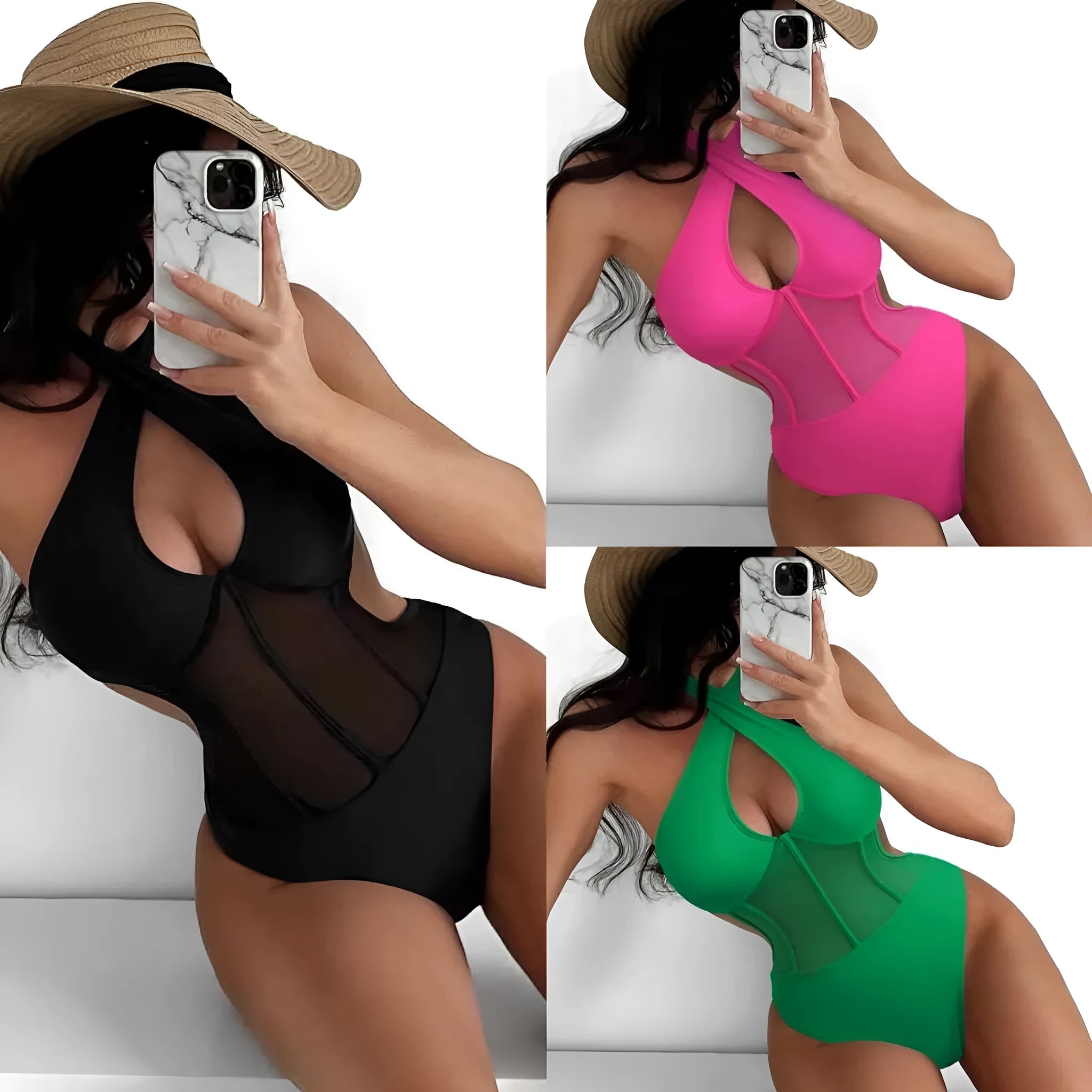 Women's black one-piece spun yarn swimsuit showing front view with nylon-spandex fabric blend