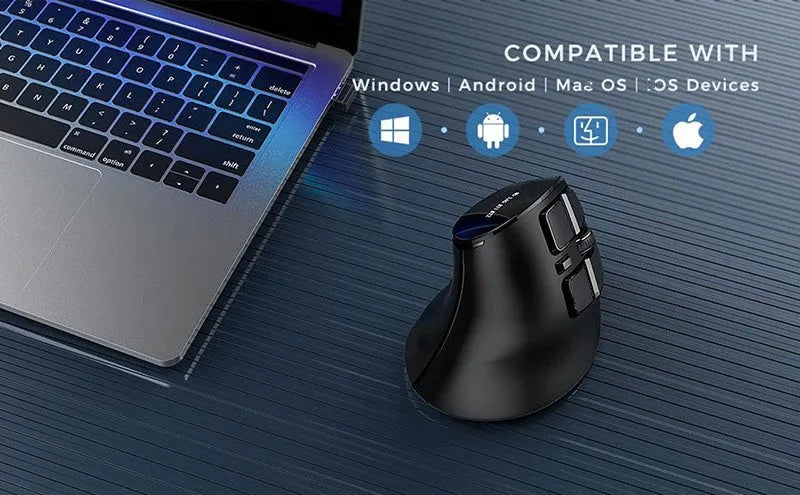 Wireless Bluetooth dual-mode rechargeable optical mouse in black, compact size 15x8x5cm