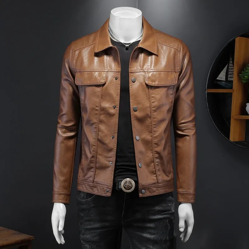 Men's long-sleeved lapel motorcycle PU leather coat in black, regular fit, bag cover slit pockets