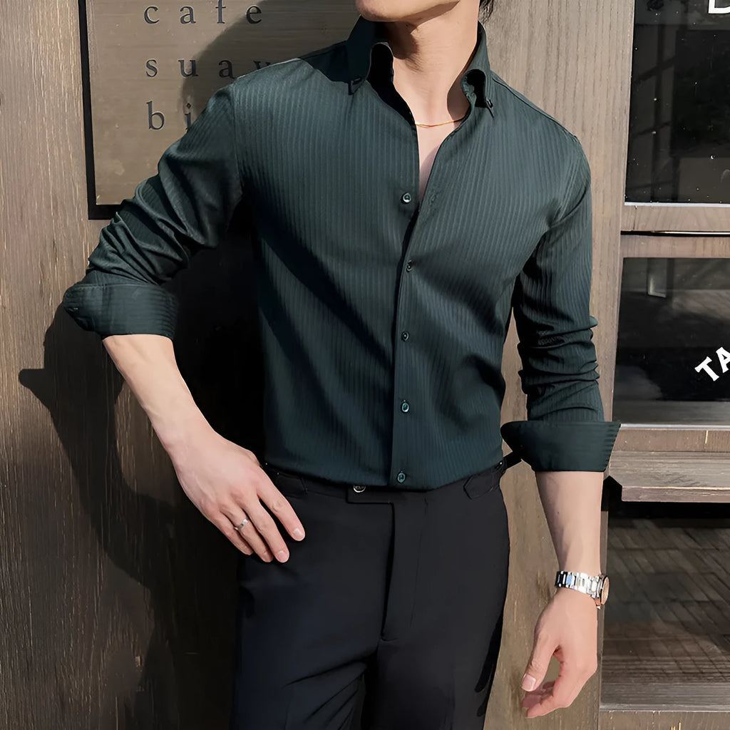 Men's dark stripes V-neck long sleeve casual shirt in cardigan style