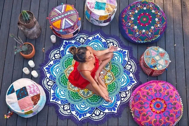 Round polygon printing tassel mat in retro ethnic style, 150cm diameter, available in multiple colours