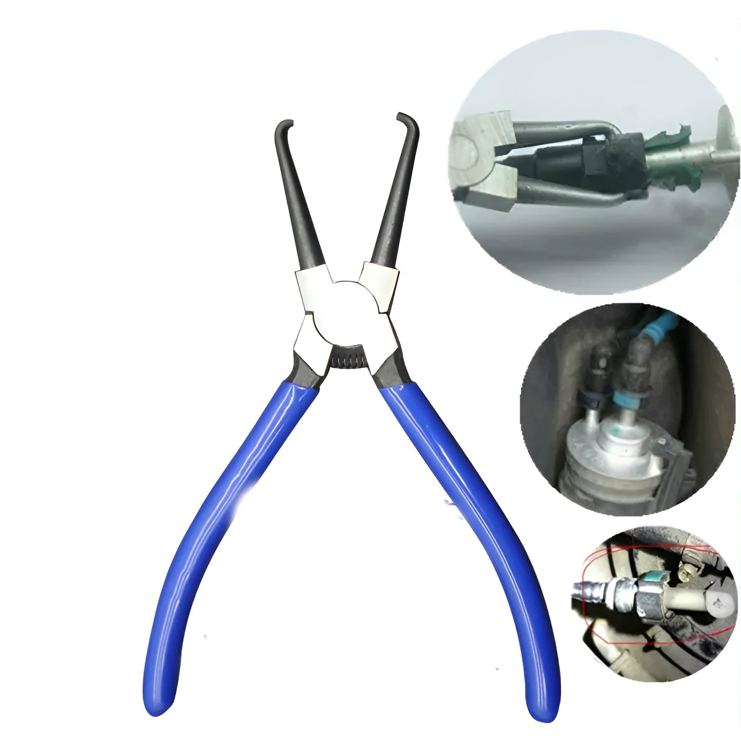 Caliper tubing pliers with iron construction and rubber-coated jaws for automotive fuel line connector work.