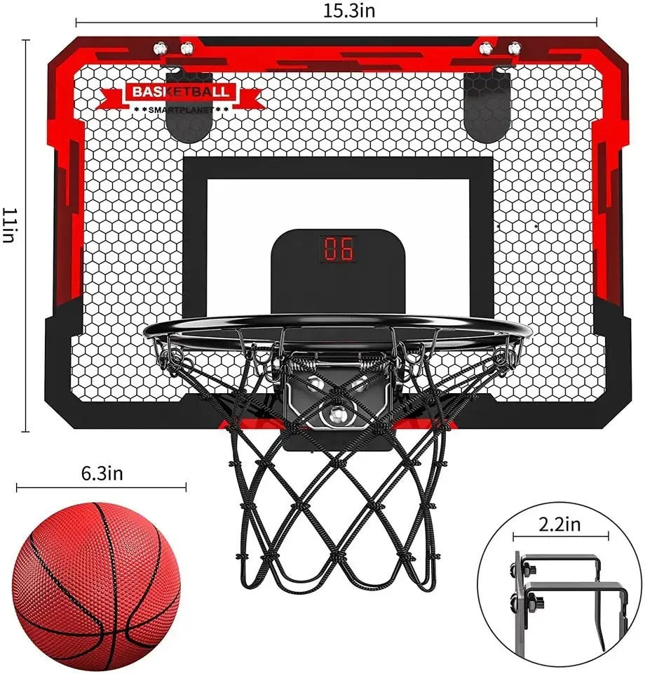 Indoor basketball hoop shooting toy with scoreboard, two balls, and inflator in red