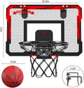 Indoor basketball hoop shooting toy with scoreboard, two balls, and inflator in red