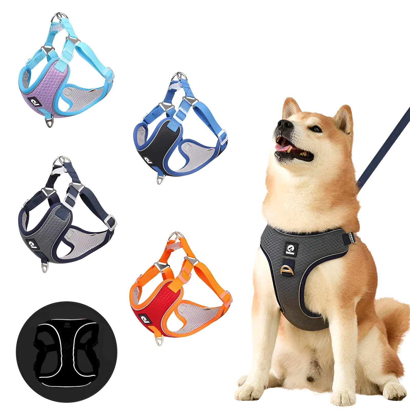 Adjustable polyester dog harness with reflective trim and breathable mesh construction