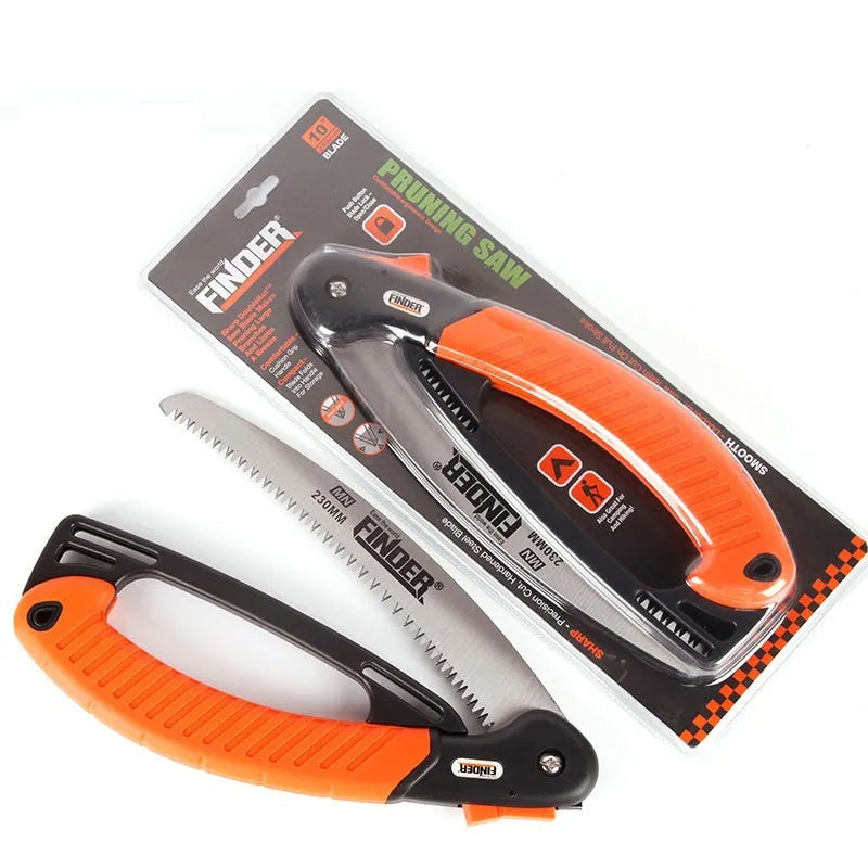 A folded and open 230mm folding garden saw with a TPR grip and 65MN steel blade.