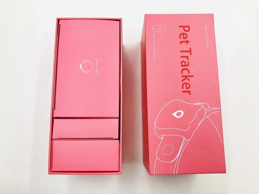 Smart pet GPS tracker collar set with pink cloth collar, pet carrier, magnetic charger and USB cable