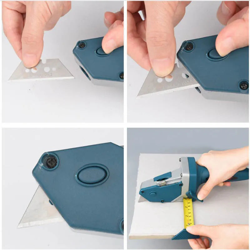 Blue aluminium alloy woodworking cutter with TPR plastic handle and measurement scale.