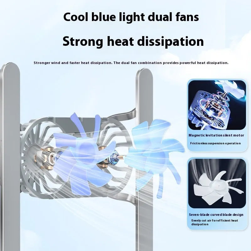 Silver aluminium laptop stand with twin blue LED cooling fans in a folded position next to its cloth carry bag.