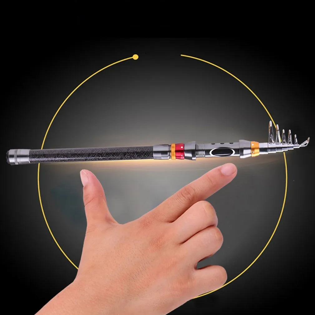 Carbon fibre telescopic sea fishing rod set with spinning reel combo in collapsed and extended positions