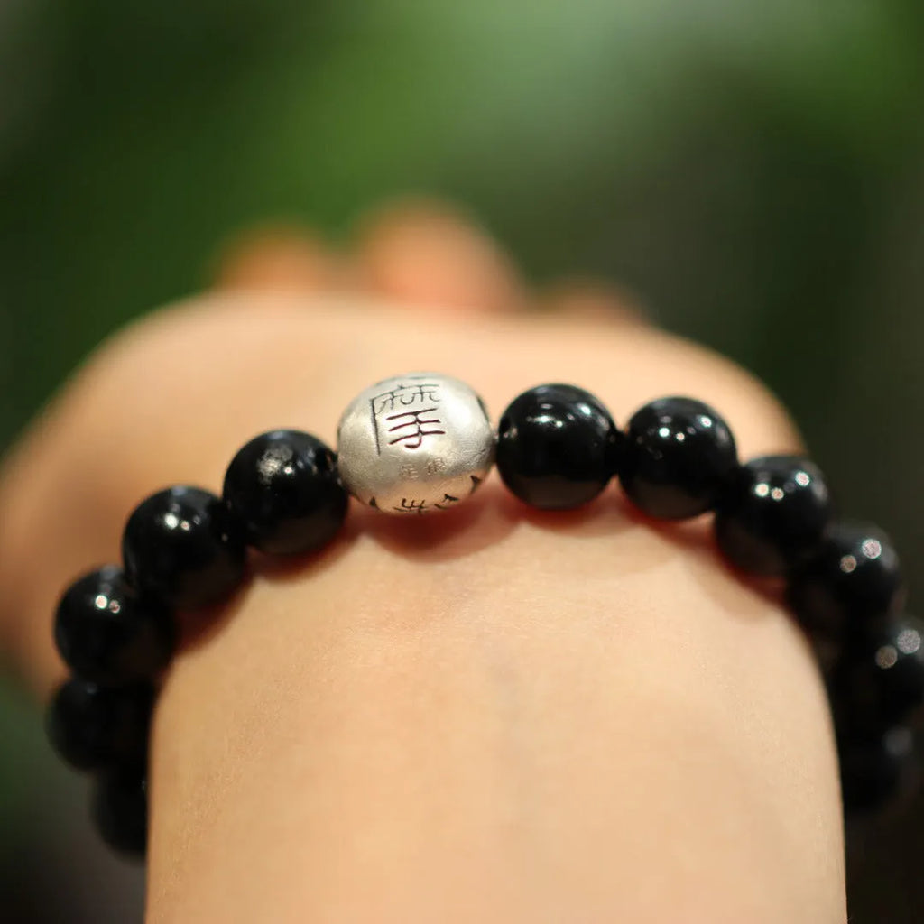 Natural black agate bracelet with 10mm stone set in Chinese style 999 sterling silver setting