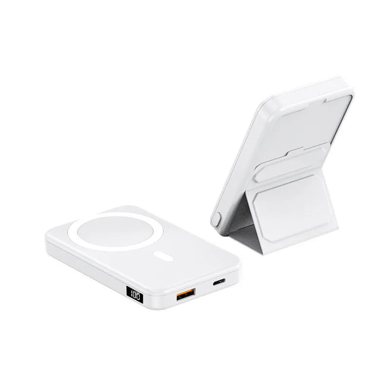 Magnetic wireless charging power bank with folding stand unfolded, shown in navy blue colour.
