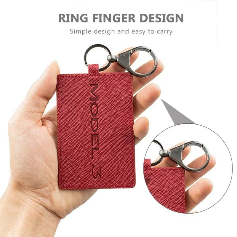 Leather Tesla key case with 100 x 66mm card sleeve and 66mm key buckle for Model 3 and Model Y