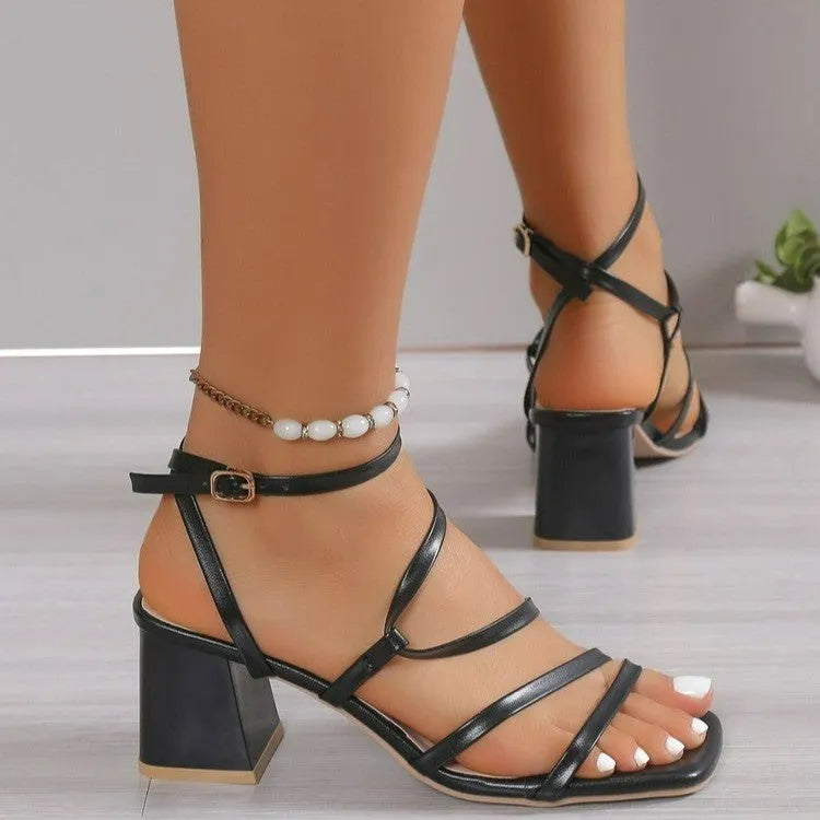 Plus size open toe slippers with ankle buckle in rose red, black or beige colours