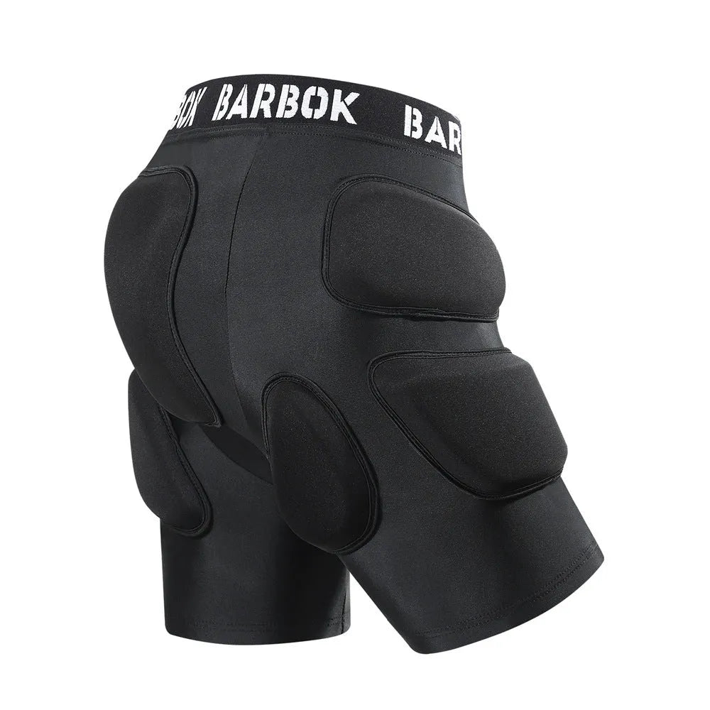 Black protective hip pad made of spandex and NBR foam for skating and skiing safety.