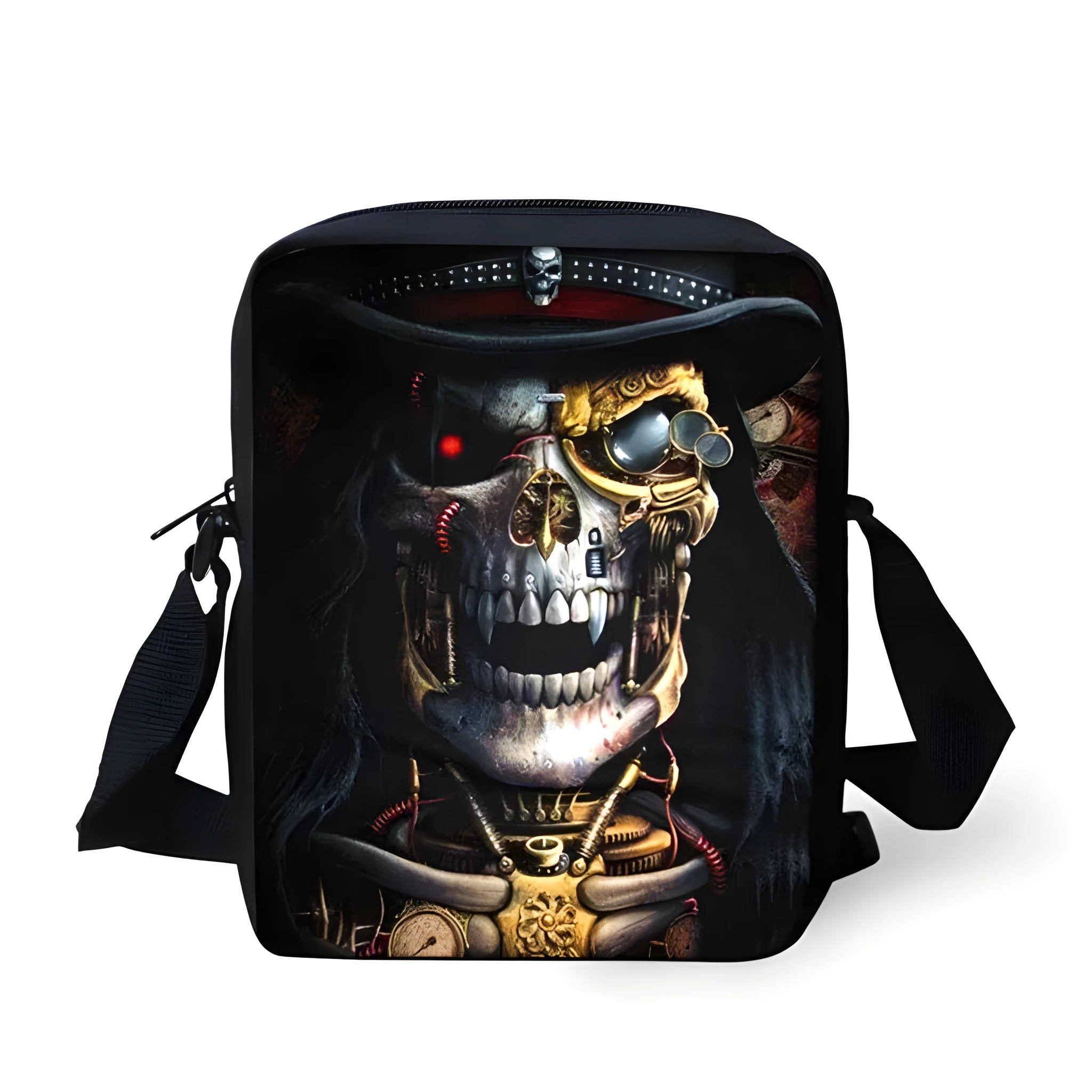 Medium-sized children's messenger bag with skull patterns in various colours showing double straps and zipper opening