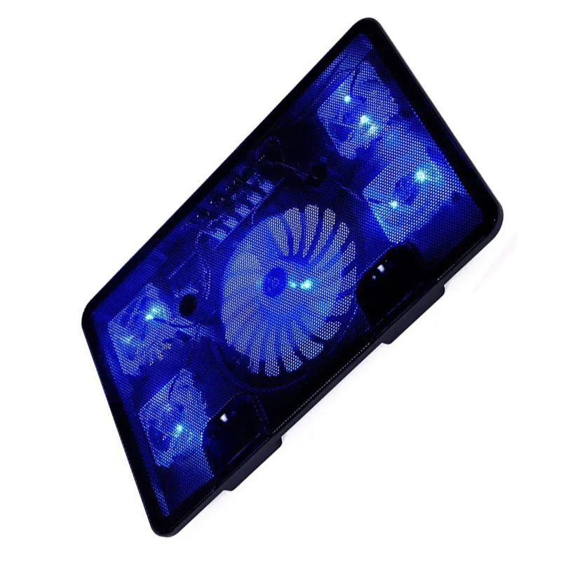 Naju N5 ultra-thin black notebook cooler with large 14.5cm main fan and four small fans on iron mesh panel