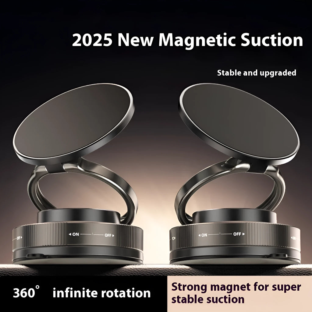 Alloy car phone holder with vacuum adsorption base and magnetic mount for dashboard or windscreen in black