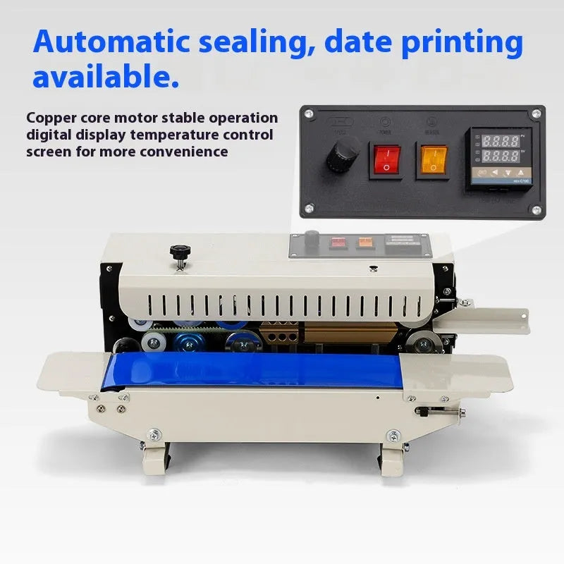 Mini handheld L1 steel seal impulse heat sealer with integrated date stamp for plastic bags.