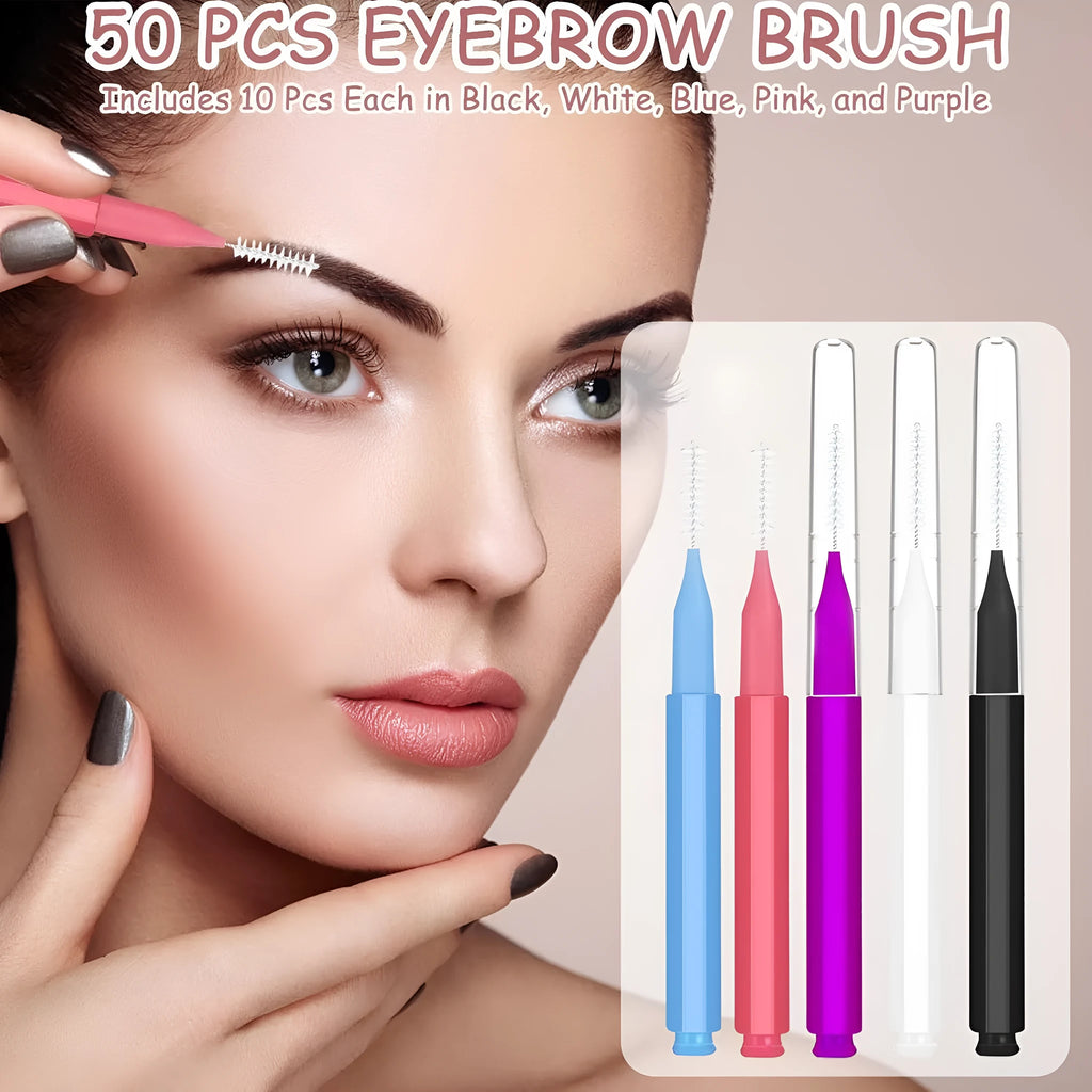 Set of micro eyebrow and lash brushes with caps in five colours including black blue purple red white