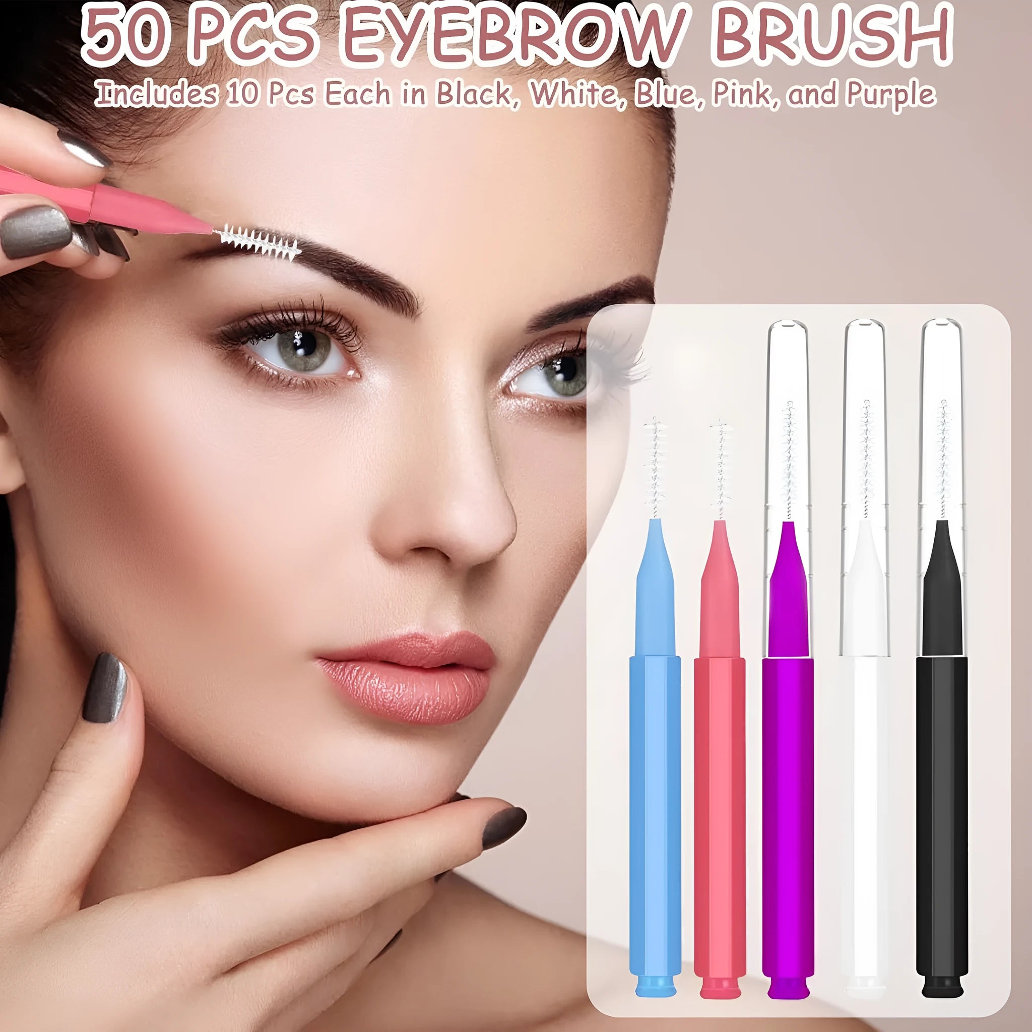 Set of micro eyebrow and lash brushes with caps in five colours including black blue purple red white