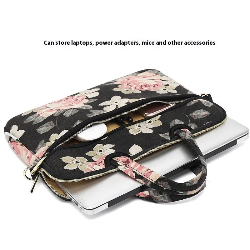 Canvas laptop sleeve shoulder bag 13-15 inch with striped print and plush lining